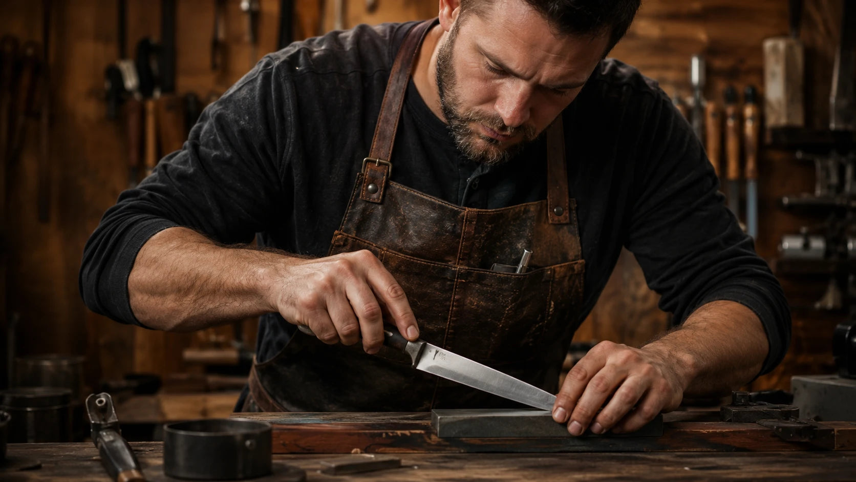 Craftsperson sharpening a premium kitchen knife
