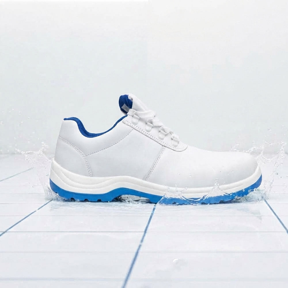 Sicherheitshalbschuh Schnürer S2 ESD, weiß/ Blaue Sohle